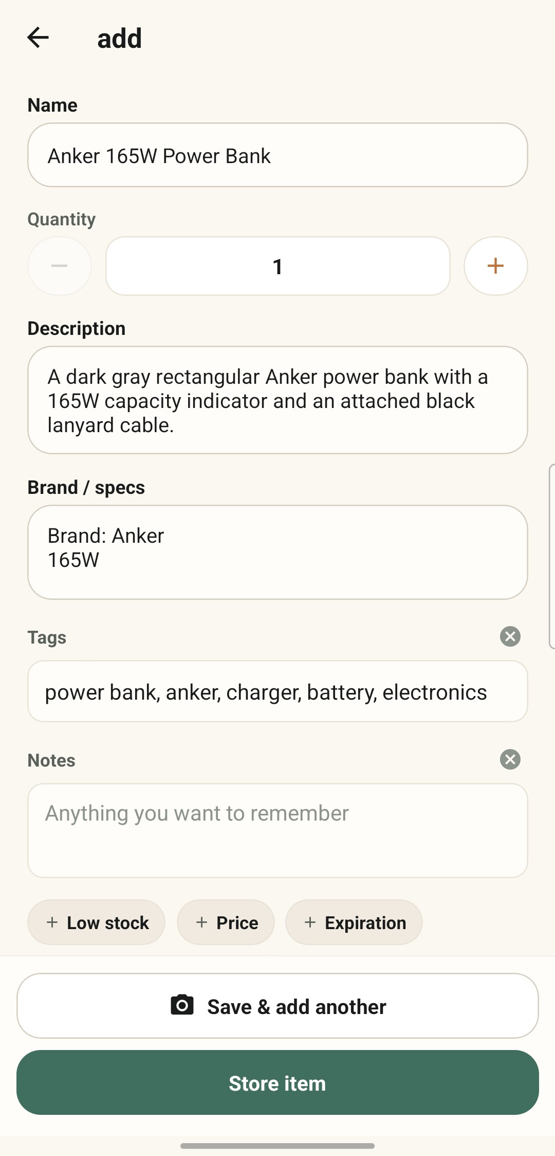 The add screen after a Smart Scan, with the name, description, brand and specs and tags already written in from the photo.