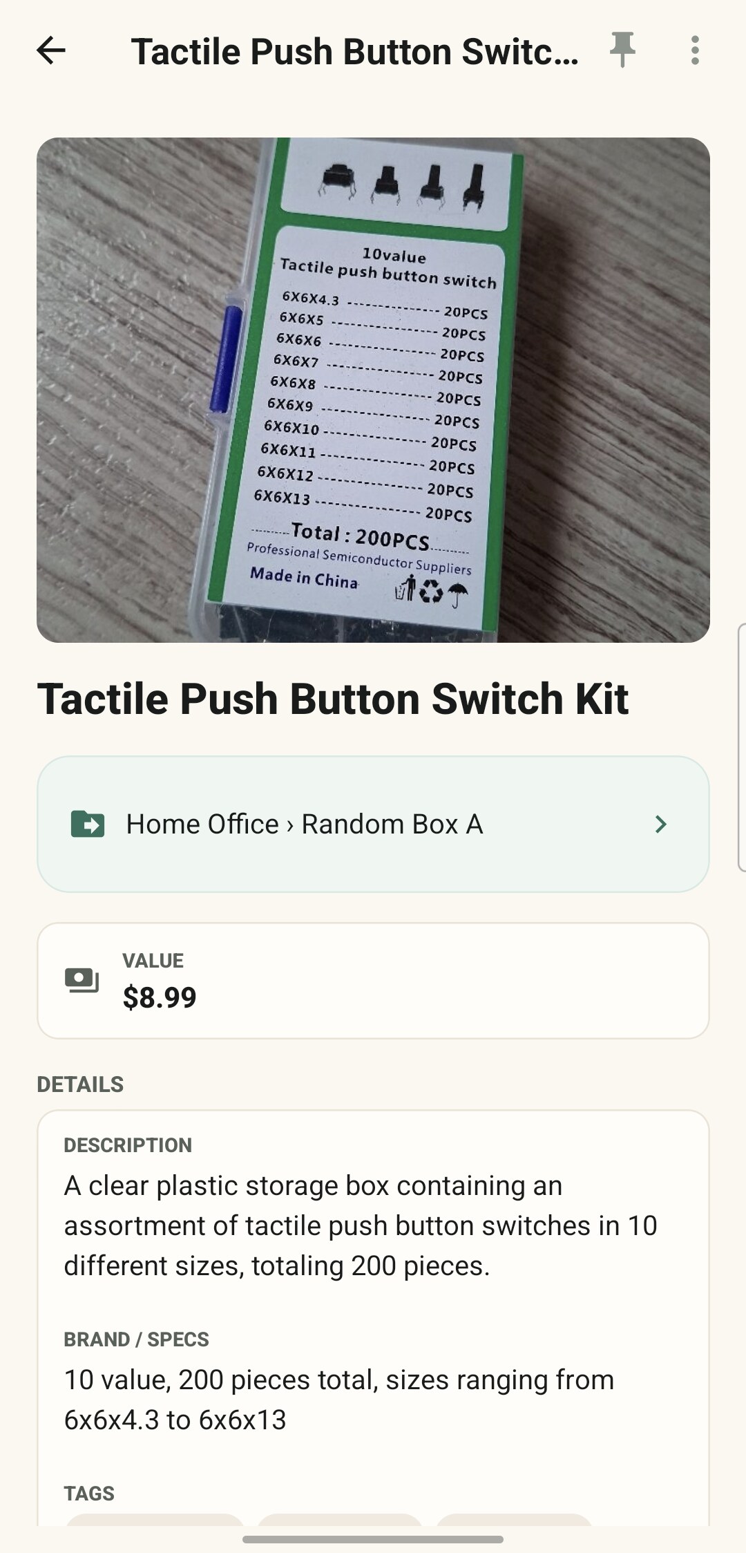 An item detail screen showing the photo, the place trail, what it is worth, and the written description and specs.