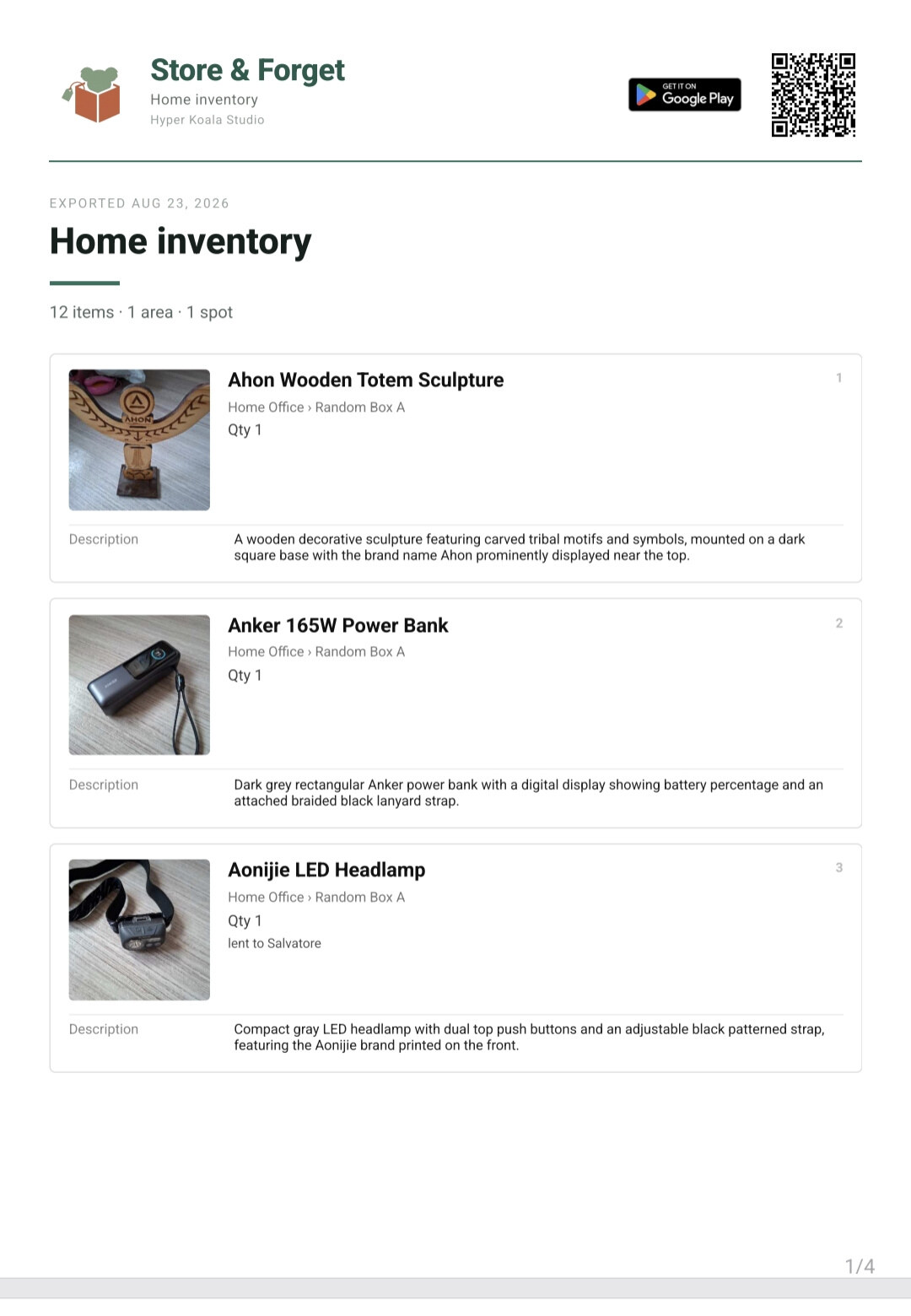A generated detailed PDF open on the phone, with the Store and Forget header, the item count, and a card per item showing its photo, its place trail, quantity and description.