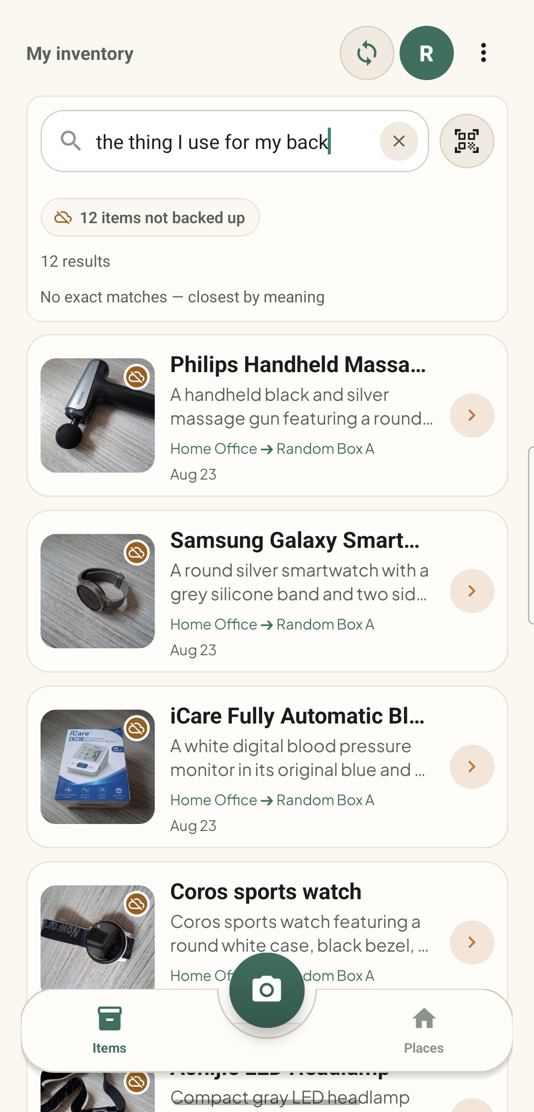 Store & Forget on an Android phone: a search for cordless finds the Cordless Drill and shows its place trail, Garage to Workbench.